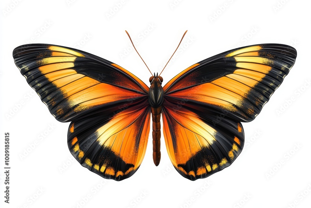 Fototapeta premium A vibrant butterfly with striking orange and black wings, showcasing the beauty of nature and its delicate details, white background.