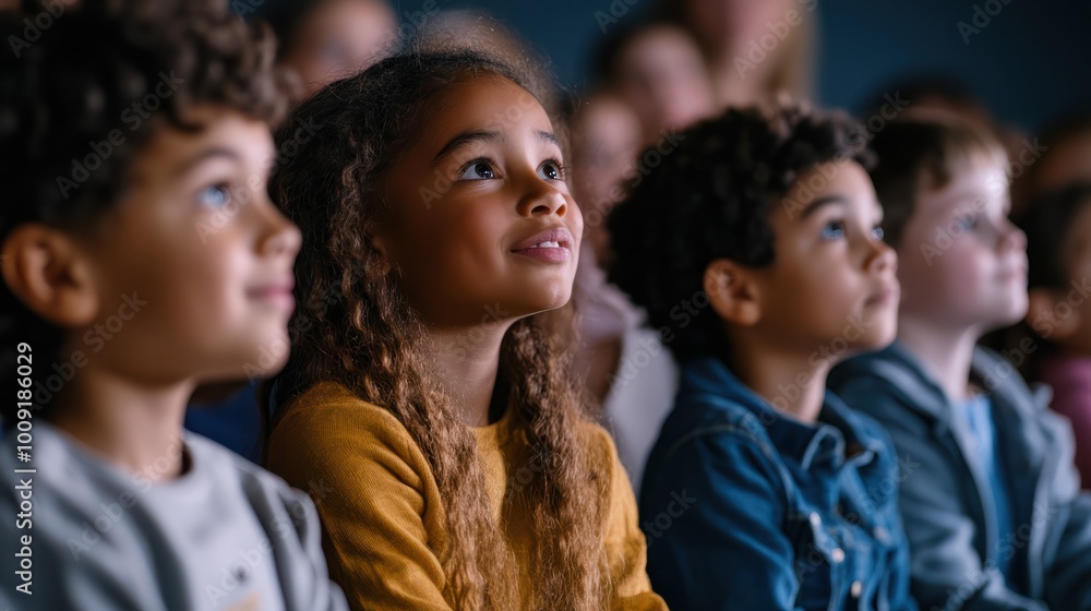 Fototapeta premium A group of diverse children sitting attentively, watching a performance or presentation with bright smiles.