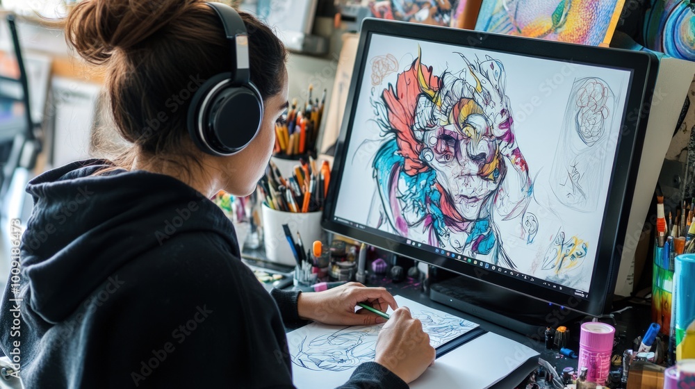Young woman artist drawing on a tablet, looking at the computer monitor with headphones on. Young woman artist drawing on a tablet, looking at the computer monitor with headphones on.