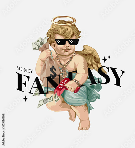fantasy slogan with cherub angel holding cash gun and money bag vector illustration