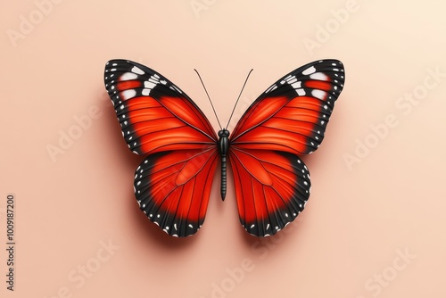 A vibrant red butterfly with black and white markings rests on a soft pink background.