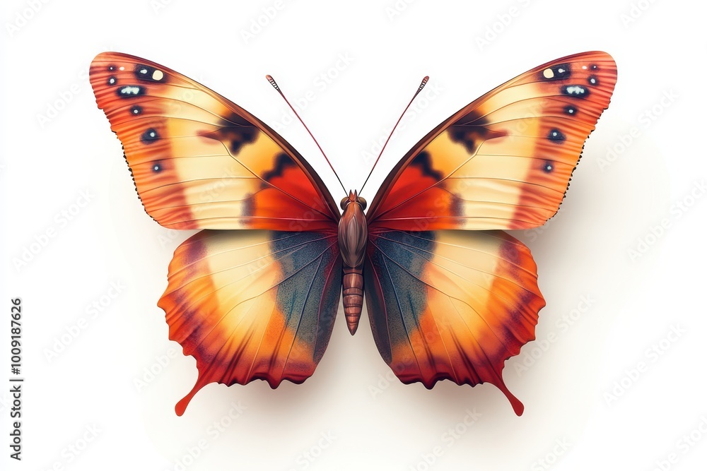 Obraz premium Stunning close-up of a vibrant orange butterfly with intricate patterns, showcasing the beauty of nature's artistry, white background.