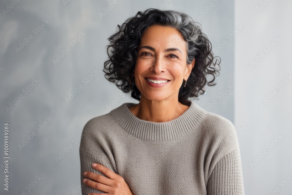 Portrait of a smiling indian woman in her 50s dressed in a warm wool sweater isolated in modern minimalist interior Portrait of a smiling indian woman in her 50s dressed in a warm wool sweater isolated in modern minimalist interior