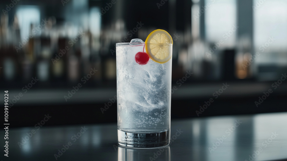 A tall, elegant Tom Collins in a highball glass A tall, elegant Tom Collins in a highball glass