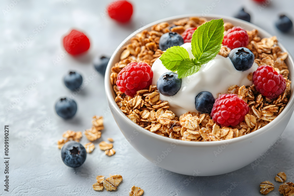 Top view plate of healthy breakfast with granola, greek yogurt, fruits and berry on white background Top view plate of healthy breakfast with granola, greek yogurt, fruits and berry on white background
