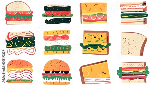 Vibrant Abstract Collection of Stylized Sandwiches with Geometric Shapes and Textured Accents photo