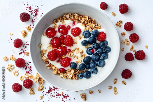 Top view plate of healthy breakfast with granola, greek yogurt, fruits and berry on white background