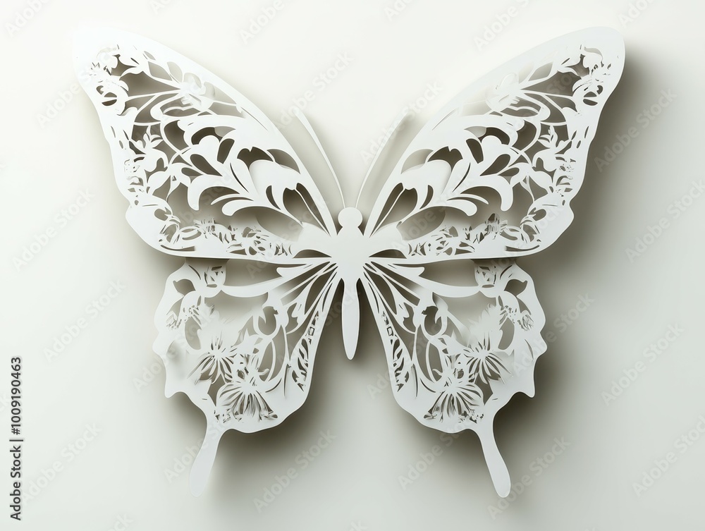 Intricate paper cut-out butterfly on white background. Intricate paper cut-out butterfly on white background.