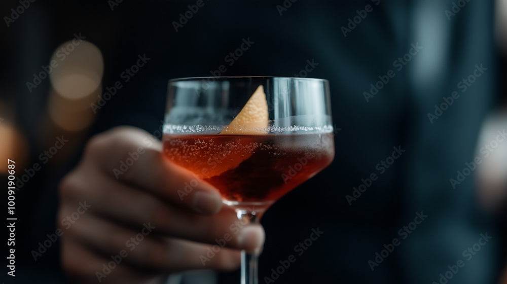 Macro shot of an El Presidente cocktail in a coupe glass Macro shot of an El Presidente cocktail in a coupe glass