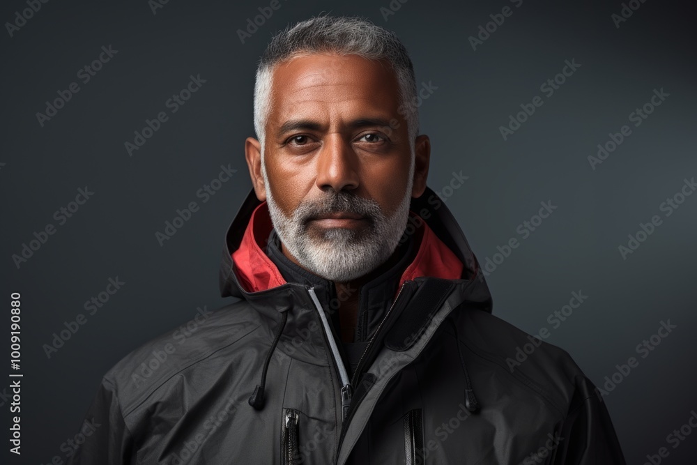 Portrait of a tender indian man in his 50s wearing a windproof softshell in front of modern minimalist interior