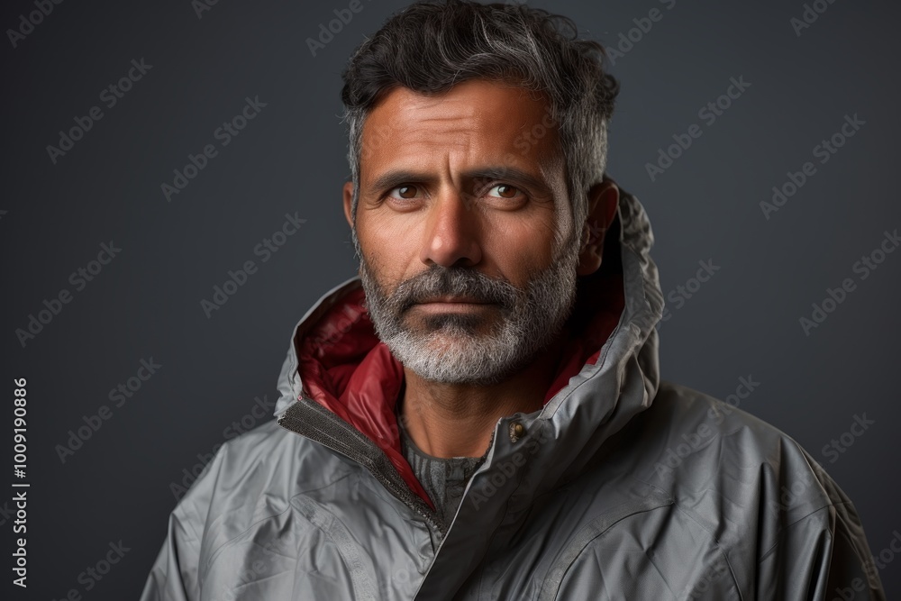 Fototapeta premium Portrait of a tender indian man in his 50s wearing a windproof softshell over modern minimalist interior