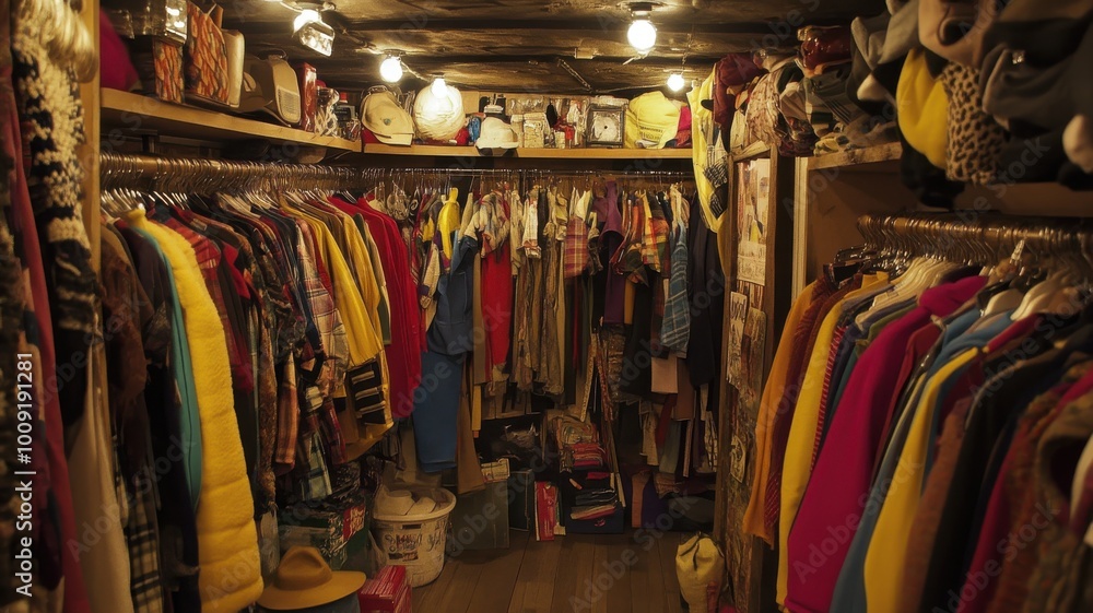 A closet full of clothes with a yellow shirt hanging on the left side A closet full of clothes with a yellow shirt hanging on the left side