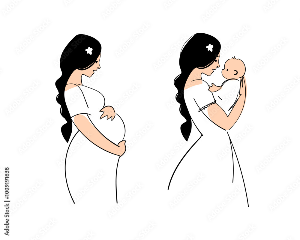 Pregnant woman card, mother with child, motherhood illustration set. Hand drawn line illustration for mother s day. Vector isolated on white background. Pregnant woman card, mother with child, motherhood illustration set. Hand drawn line illustration for mother s day. Vector isolated on white background.