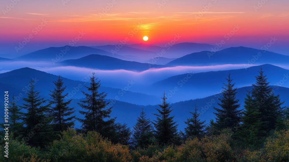 A breathtaking sunset illuminates a mountain range, showcasing vibrant colors and lush trees. The peaceful atmosphere invites relaxation and exploration A breathtaking sunset illuminates a mountain range, showcasing vibrant colors and lush trees. The peaceful atmosphere invites relaxation and exploration