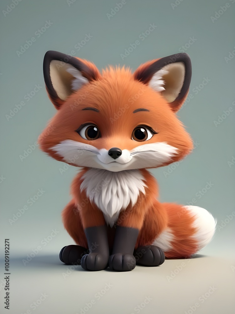 Obraz premium Cute 3D Illustration of a Fluffy Red Fox Sitting