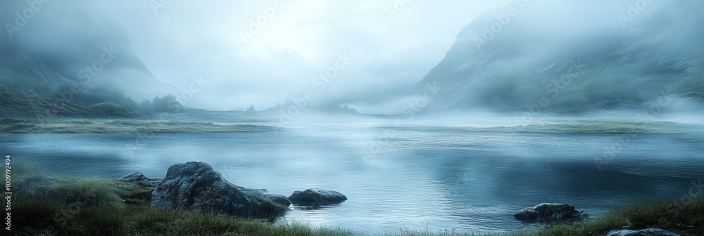 Fototapeta premium Misty River Serenity, a tranquil waterway shrouded in fog, with jagged rocks in the foreground and softening waters in the distance