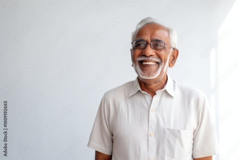 Portrait of a smiling indian man in his 80s donning a trendy cropped top while standing against modern minimalist interior Portrait of a smiling indian man in his 80s donning a trendy cropped top while standing against modern minimalist interior