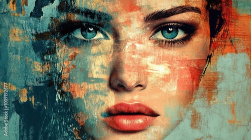 Abstract pop art portrait of young charming woman girl face in vintage collage style generative AI photo