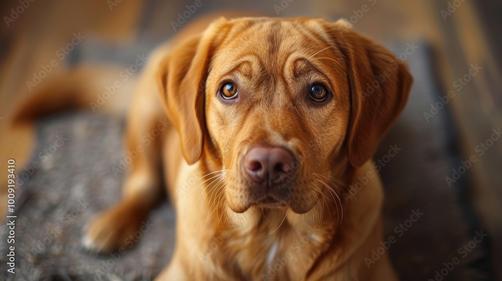 A charming close-up of an adorable golden Labrador retriever dog with soulful eyes, sitting attentively on a cozy rug with a blurred, warm-toned background