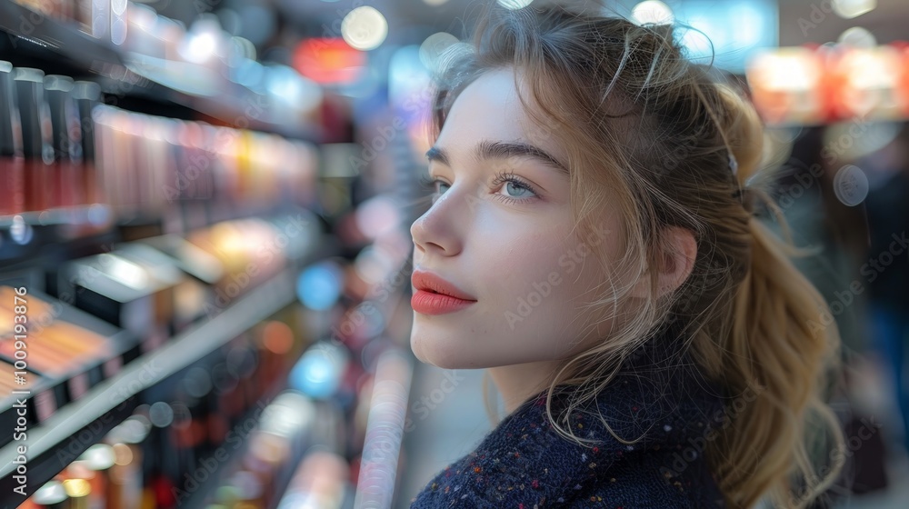 Young woman with blonde hair looking at a shelf in a store. Young woman with blonde hair looking at a shelf in a store.