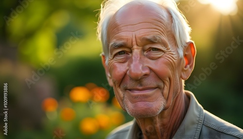 Elderly Caucasian man in a sunny garden