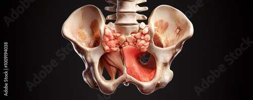 A 3D anatomical illustration of the hip joint showing a front view, with inflammation highlighted around the labrum and surrounding soft tissues. photo