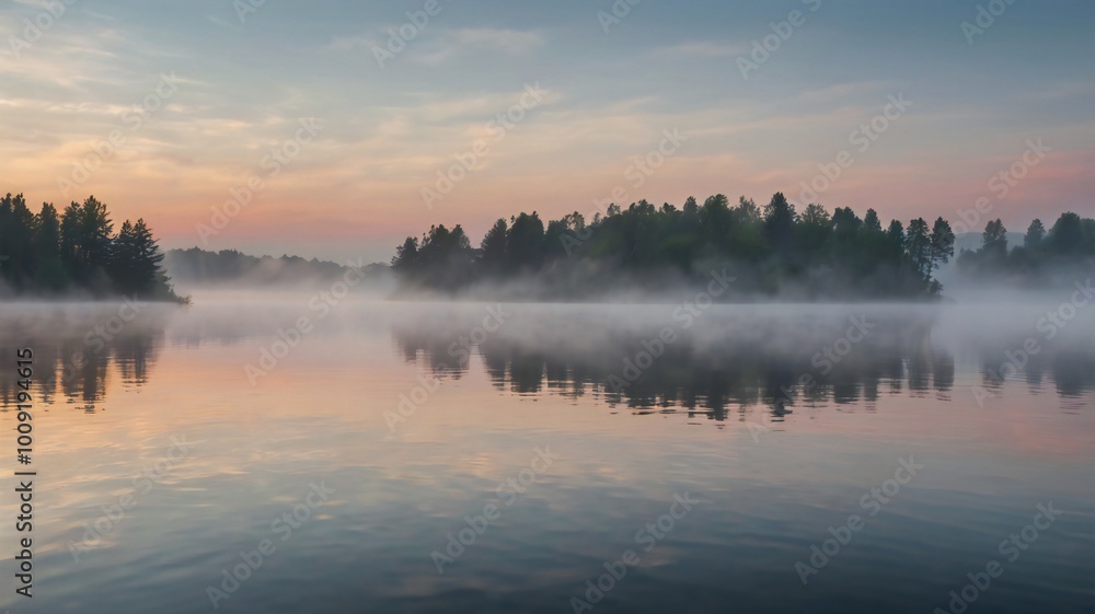 Fototapeta premium Misty morning on the lake fog in nature fog forest river fog