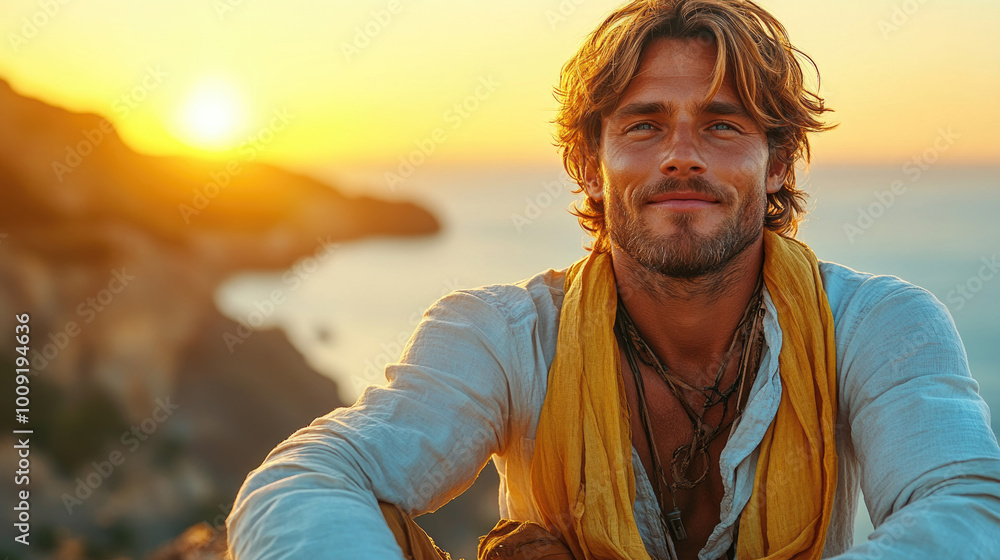 A man relaxes on a rocky shore during sunset, wearing a yellow scarf and enjoying the serene view of the ocean and distant cliffs A man relaxes on a rocky shore during sunset, wearing a yellow scarf and enjoying the serene view of the ocean and distant cliffs