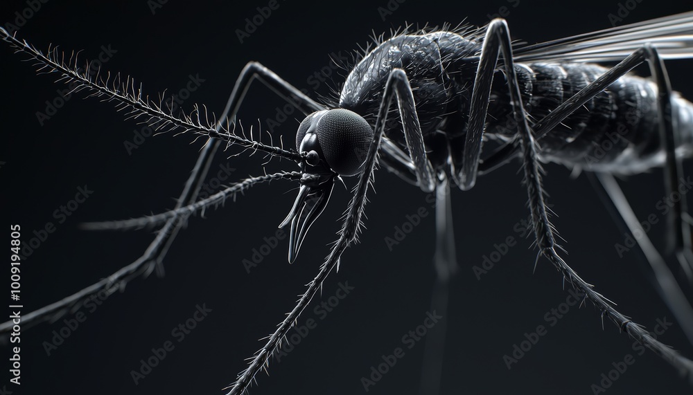 A 3D close-up rendering of the mosquitos legs, focusing on the delicate segmentation and tiny claws at the tips that help it grip surfaces. A 3D close-up rendering of the mosquitos legs, focusing on the delicate segmentation and tiny claws at the tips that help it grip surfaces.