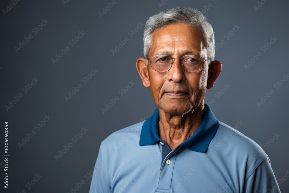 Obraz premium Portrait of a merry indian man in his 70s wearing a breathable golf polo in front of modern minimalist interior