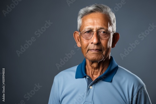 Portrait of a merry indian man in his 70s wearing a breathable golf polo in front of modern minimalist interior