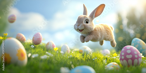 Happy Bunny Jumping Among Easter Eggs in Meadow

