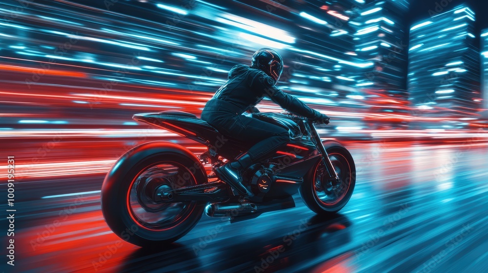 Fototapeta premium Man in Black Riding a Motorbike Against a Cyberpunk City Background with Motion Blur, Speed Effects, and Red Rim Lighting