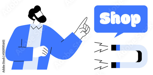 A man in blue points towards the word Shop in a speech bubble with a magnet icon nearby. Ideal for marketing online shopping e-commerce customer attraction and business promotion. Simplistic graphic