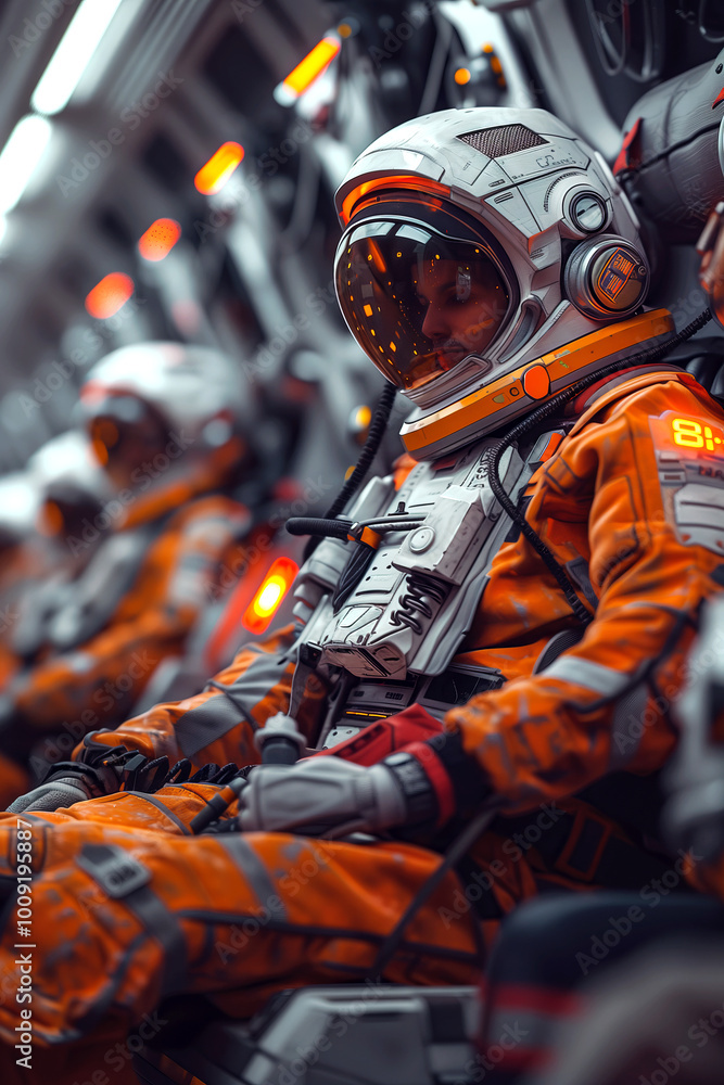 The astronauts sitting in the chairs on the spaceship, spacecraft crew. The astronauts sitting in the chairs on the spaceship, spacecraft crew.