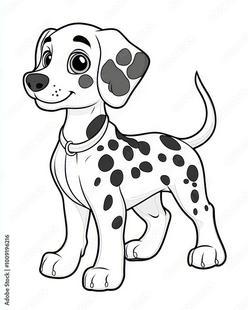 Cute cartoon Dalmatian puppy standing with a collar, illustration. Cute cartoon Dalmatian puppy standing with a collar, illustration.