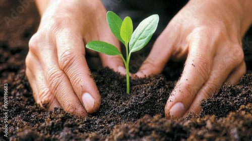 A person is planting a small green plant in the dirt