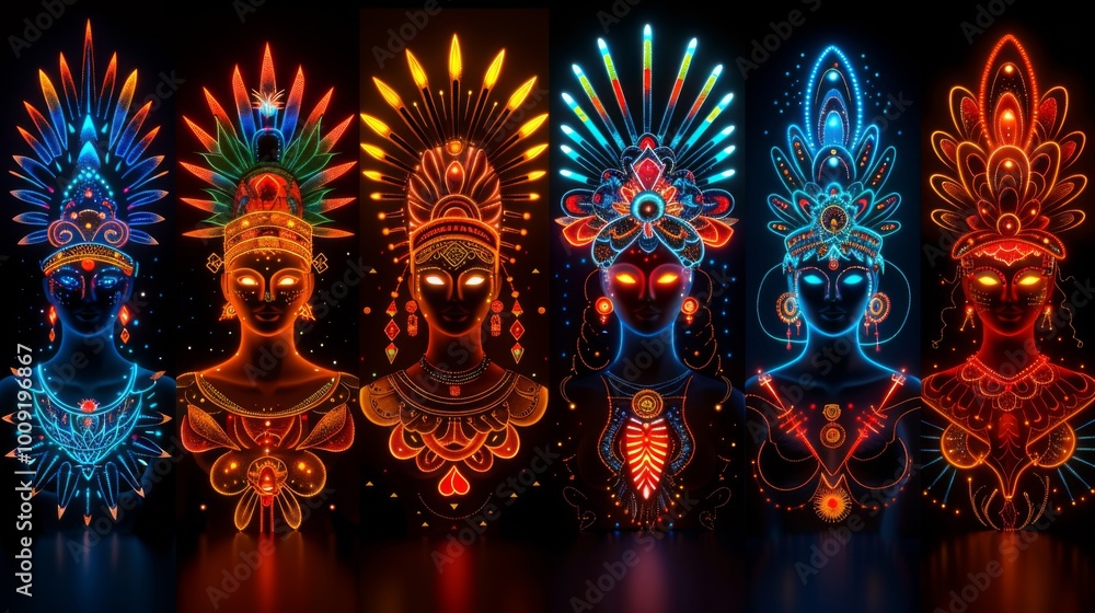 Fototapeta premium Produce a neon set of cultural interactions symbols, including shimmering