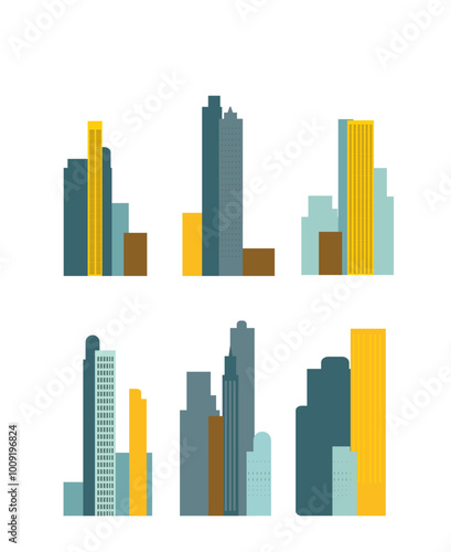 A flat minimalistic city skyline featuring yellow and blue-green silhouettes of buildings isolated on white background.