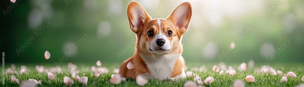 A cute corgi dog lays in a field of green grass and pink flower petals. A cute corgi dog lays in a field of green grass and pink flower petals.