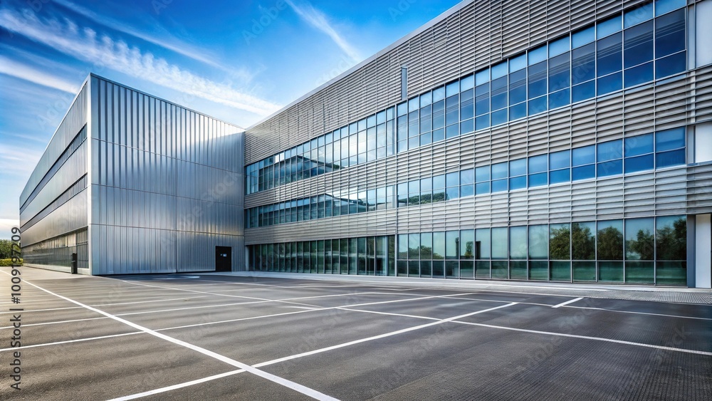 Empty parking in front of aluminum cladding modern building reflected Empty parking in front of aluminum cladding modern building reflected
