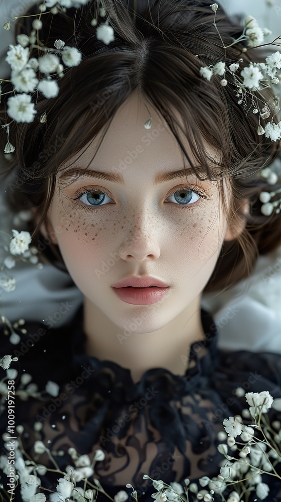 Close-up Portrait of a Woman with Flowers in Her Hair Close-up Portrait of a Woman with Flowers in Her Hair