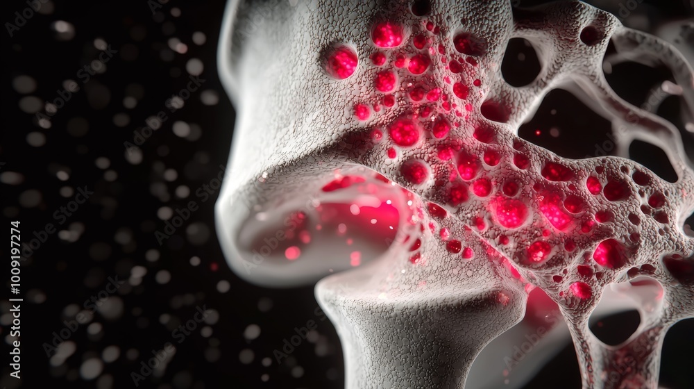 Naklejka premium A 3D model of the hip joint showing the anterior view, with glowing red areas around the joint capsule and ligaments indicating injury or overuse.