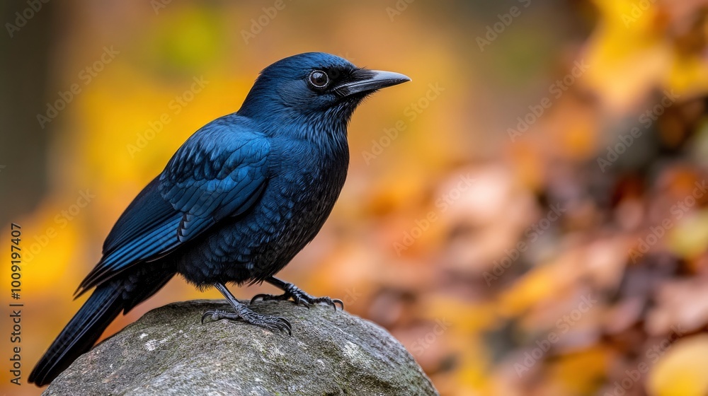 Black Bird Perched on Rock in Autumn Leaves Black Bird Perched on Rock in Autumn Leaves
