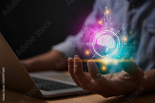 Magenta Turquoise Ai Technology or Artificial Intelligence Brain Concept. Brain and Circuit Line and HUD Ai Artificial Intelligence Icon on Businessman's Hand With Laptop Computer