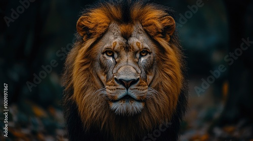 Majestic Lion Portrait in Forest Setting