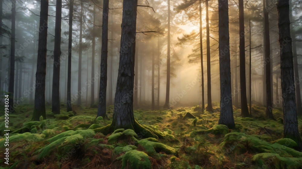Misty fog in the deep forest, pine trees. Fog in nature. sunrise winter morning. Misty fog in the deep forest, pine trees. Fog in nature. sunrise winter morning.