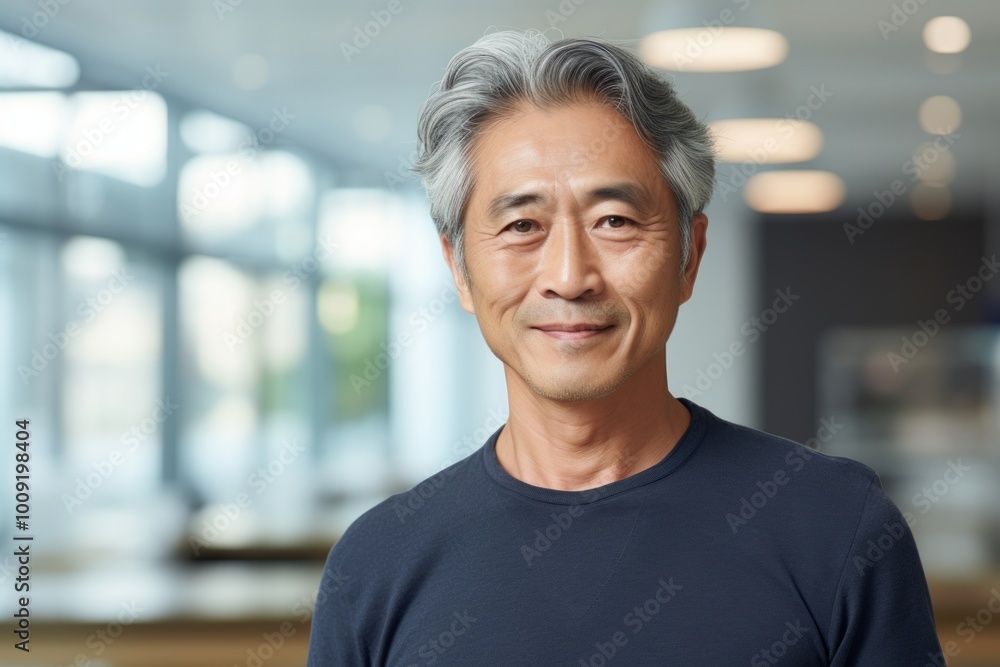 Portrait of a glad asian man in his 60s donning a trendy cropped top in modern minimalist interior Portrait of a glad asian man in his 60s donning a trendy cropped top in modern minimalist interior