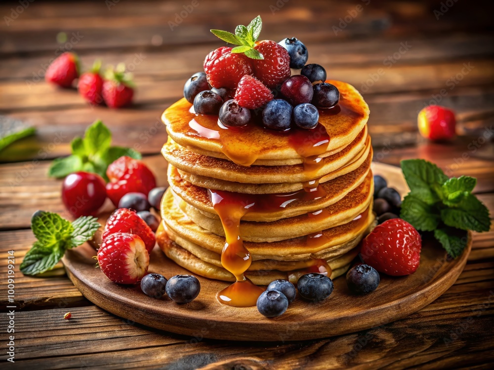 Delicious golden pancakes stacked high with syrup and fresh berries on a rustic wooden table Delicious golden pancakes stacked high with syrup and fresh berries on a rustic wooden table
