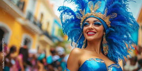 Vibrant street parade featuring performer in blue feathers, colorful city backdrop, lively atmosphere, urban celebration photo